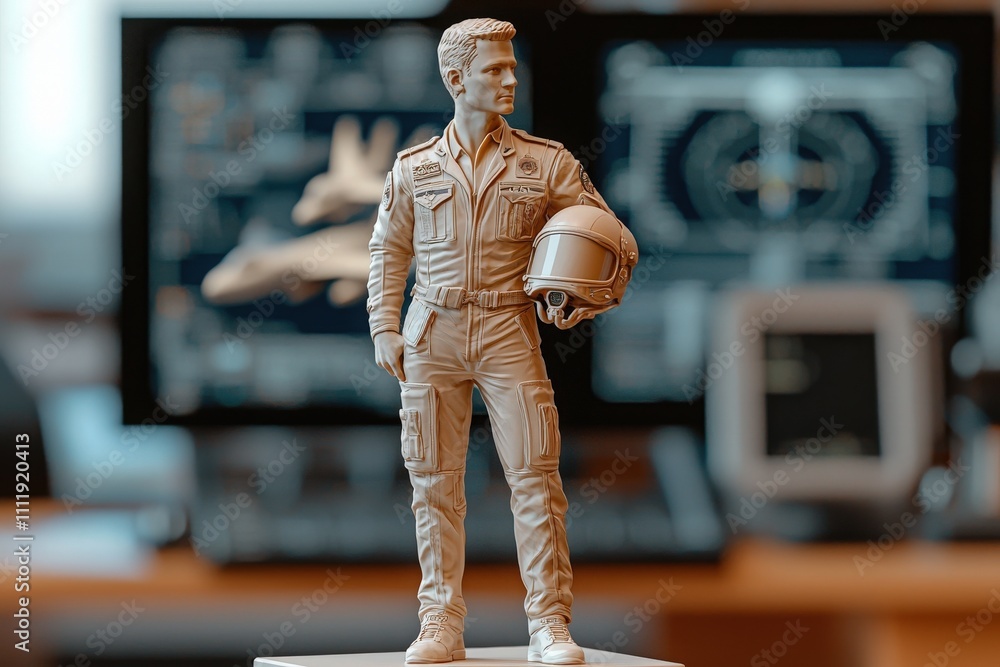 A meticulously crafted figure of a pilot stands on a pedestal in a design studio. The background showcases technical drawings and computer screens displaying aircraft designs.