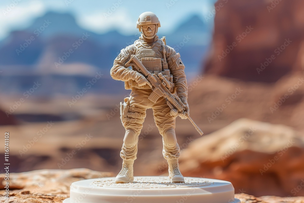 A meticulously crafted military action figure is positioned on a white base, overlooking a vast desert landscape filled with rocky formations under a beautiful sunset sky.