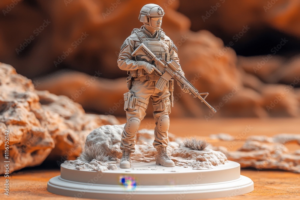 A meticulously crafted soldier figurine stands confidently on a rocky terrain. Dressed in tactical gear and holding a weapon, the setting suggests a desert or arid landscape.