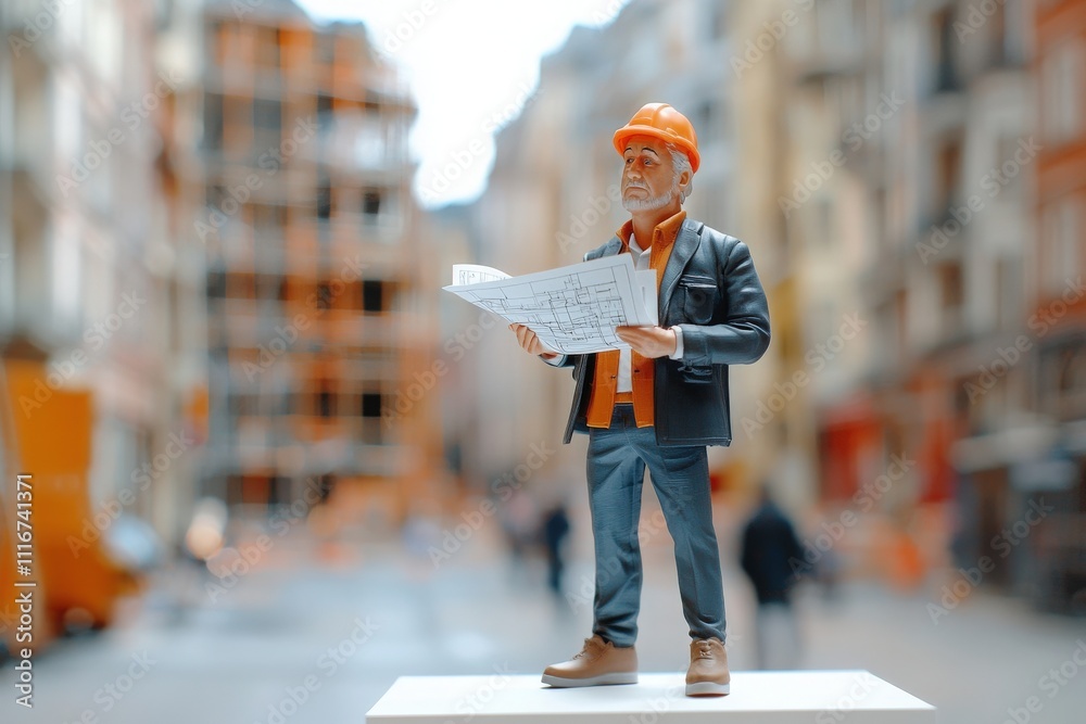A miniature construction worker in an orange hard hat studies a set of blueprints on a bustling city street. Surrounding buildings show signs of ongoing construction, highlighting urban development.