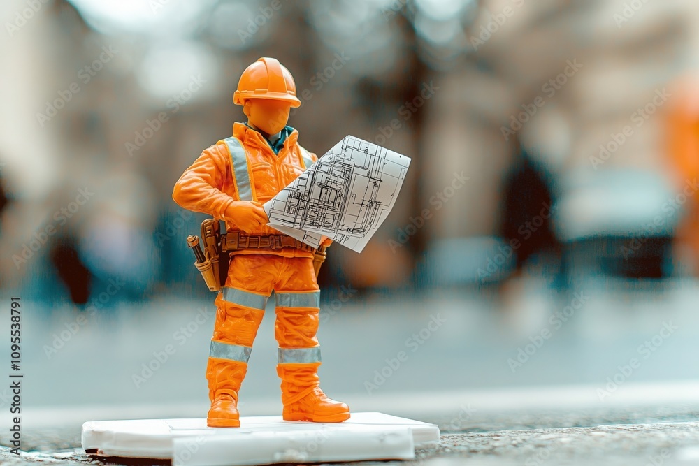 A miniature construction worker in bright orange gear holds a blueprint while standing on a bustling city street. People and buildings blur in the background, emphasizing the figures focus.