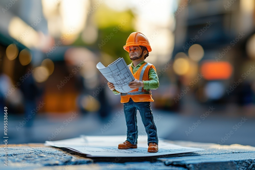 A miniature construction worker in safety gear studies a blueprint as he stands on papers in an urban street. The bustling background features blurred city life and buildings.