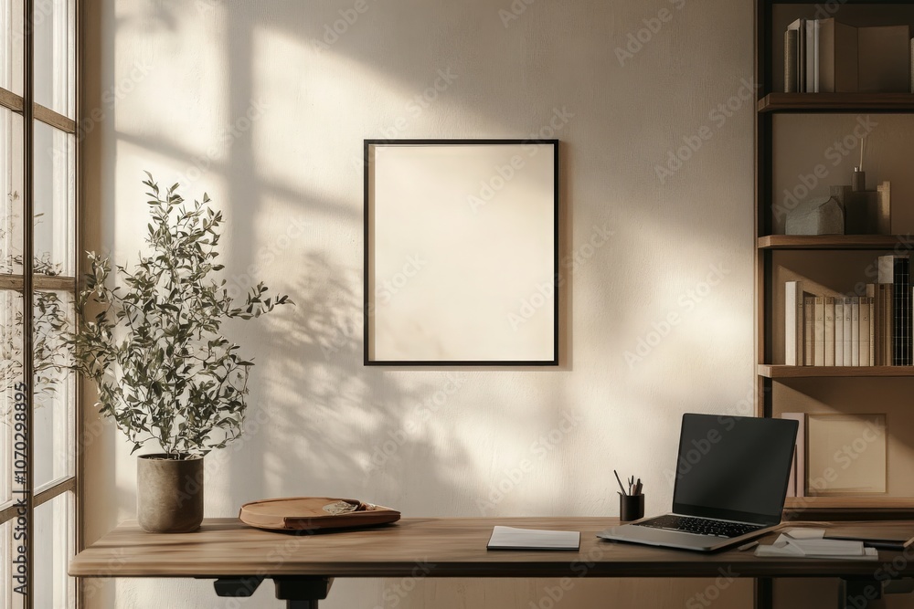 A minimalist black frame hangs empty on a wall, illuminated by natural light, next to a desk with a laptop and potted plant. The tidy space exudes a calm and inviting atmosphere.