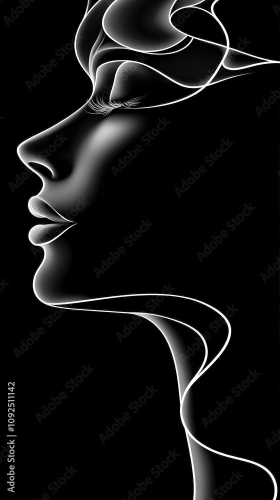 A minimalist design displays the graceful profile of a woman highlighted by smooth white lines against a black background. The artwork emphasizes beauty and simplicity in its design.