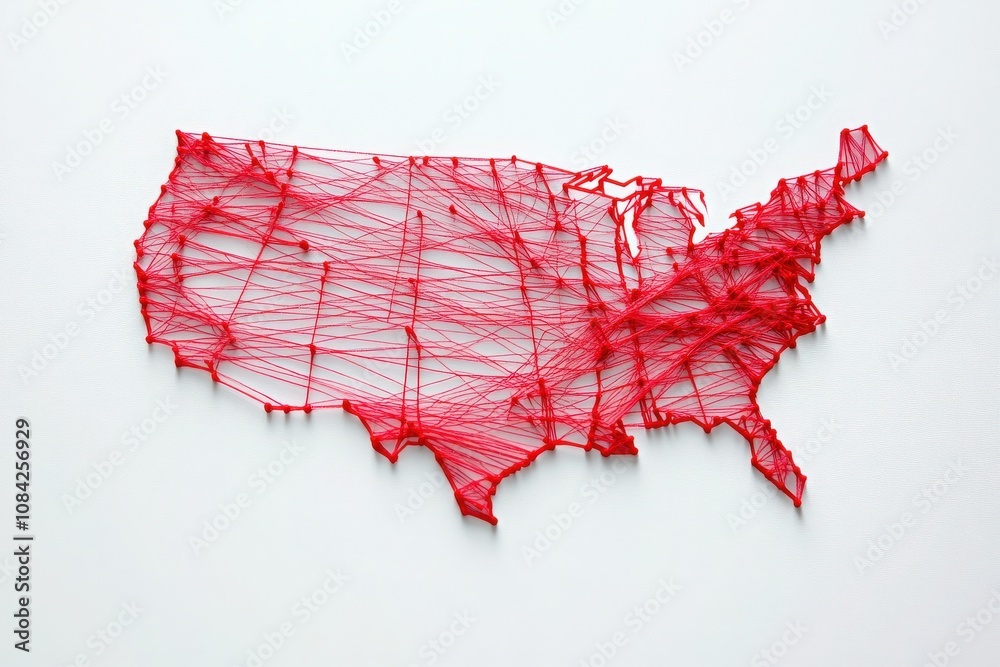 A minimalist design features a barely visible map of the United States, intricately crafted with thin red thread. The artwork emphasizes artistic representation and creativity.