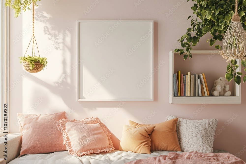 A minimalist empty square white frame is showcased on a pastel pink wall, accompanied by plush cushions and a bookshelf. Lush greenery and soft lighting create a warm, inviting atmosphere.