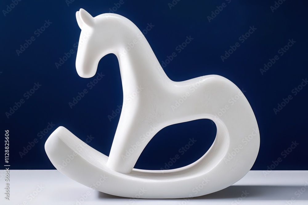 A minimalist rocking horse sculpture in white is showcased on a flat surface. The piece features smooth lines and a contemporary design, accentuated by a striking dark blue background.