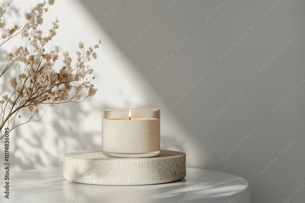 A minimalist scented candle in a jar sits elegantly on a textured stone surface. Soft natural light enhances the tranquil ambiance, highlighting delicate flower shadows on the wall.
