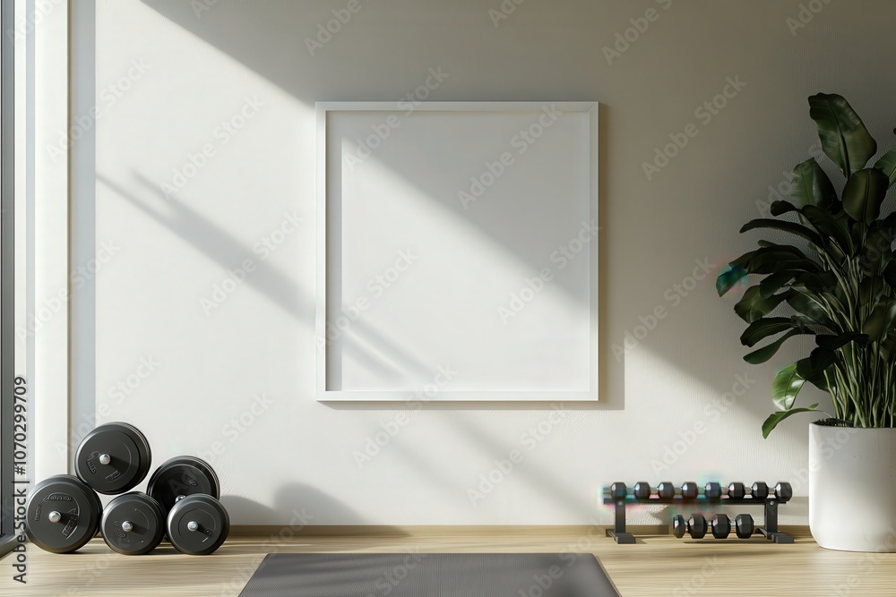 A minimalist white square frame is positioned on a light-colored wall, complemented by dumbbells and a vibrant indoor plant, creating a stylish and functional workout space.