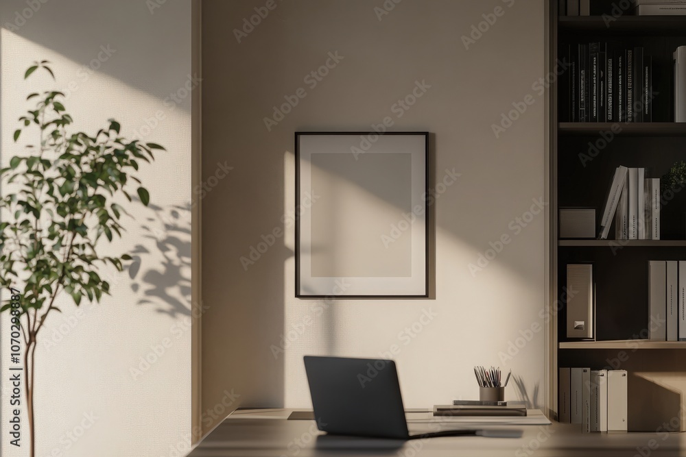 A minimalist workspace features an empty black frame hung on a neutral-colored wall, complemented by a laptop and a small plant. Soft light casts gentle shadows across the room.