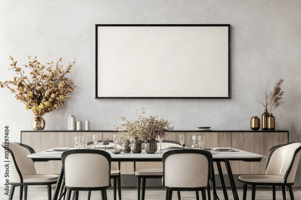 A minimalistic black frame is mounted on a soft-hued wall above a stylish dining table adorned with elegant vases and tableware, creating a serene and inviting atmosphere in the dining area.