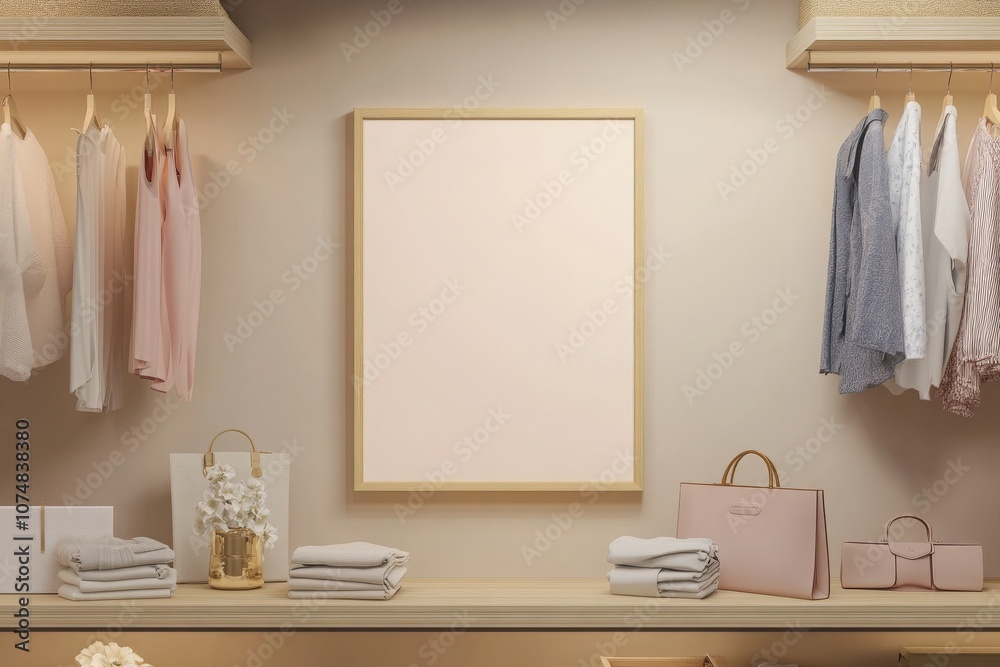 A minimalistic oak frame is showcased on a wall in a chic closet, surrounded by neatly hung garments and folded towels.