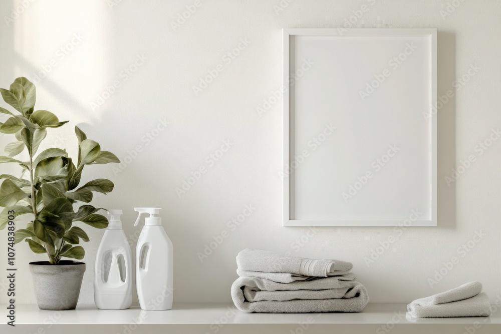 A minimalistic setting features an empty white frame mounted on a clean wall, surrounded by neatly arranged towels and decorative plants, creating a fresh and organized atmosphere.