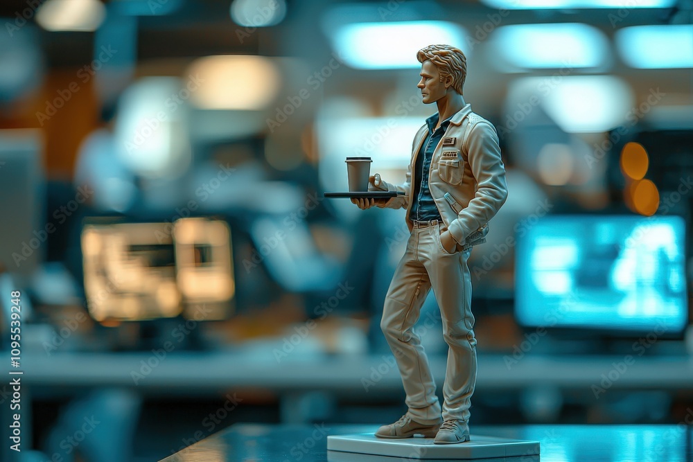 A model figure designed as a pilot holds a coffee cup and stands on a desk surrounded by glowing computer screens in a contemporary workspace.