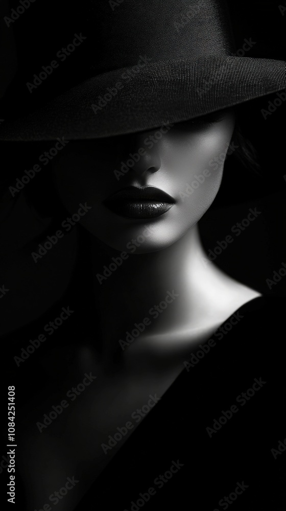 A model is captured in a striking black and white portrait, her face partially obscured by a wide-brimmed hat. The interplay of light and shadow creates a mysterious allure that captivates the viewer.
