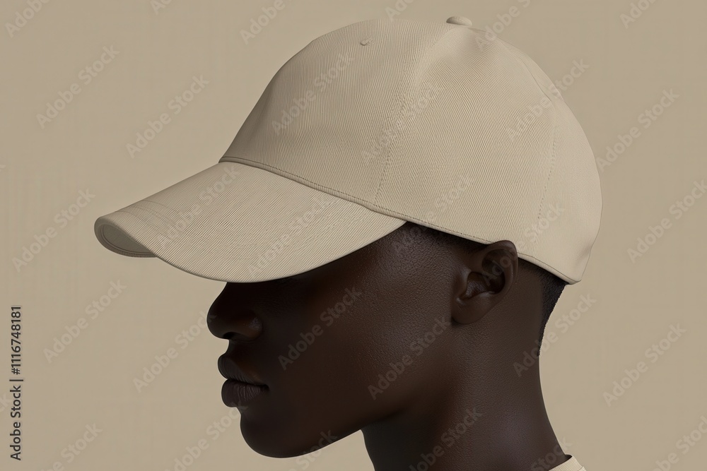 A model poses in profile, wearing a minimalist beige cap against a soft, neutral background. The elegant design highlights the relaxed yet fashionable aesthetic of the headwear.