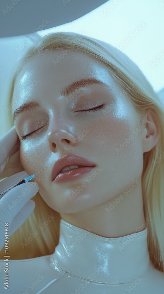 A model with glossy skin relaxes as a beauty professional applies skincare treatment in a contemporary clinic. The atmosphere is calm and focused on enhancing natural beauty.