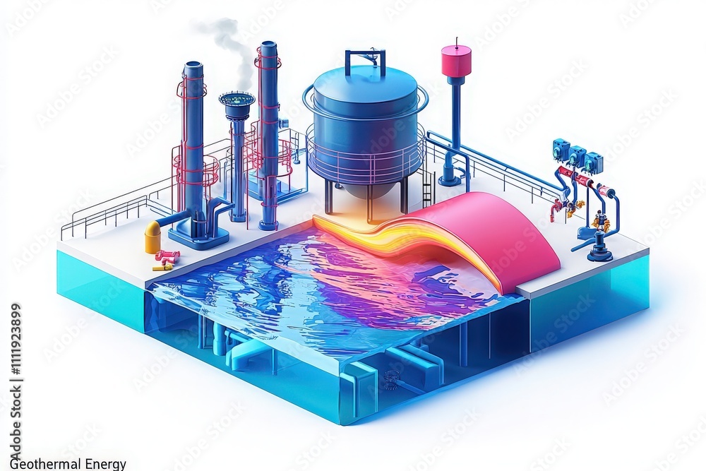 A modern geothermal energy facility showcases pipes, tanks, and a water pool. The setup illustrates the conversion of geothermal heat into energy, highlighting technology and innovation.