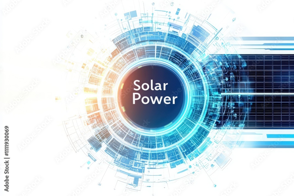 A modern illustration highlights solar power technology, featuring a circular graphic with digital elements and solar panels. The design emphasizes innovation and renewable energy trends.
