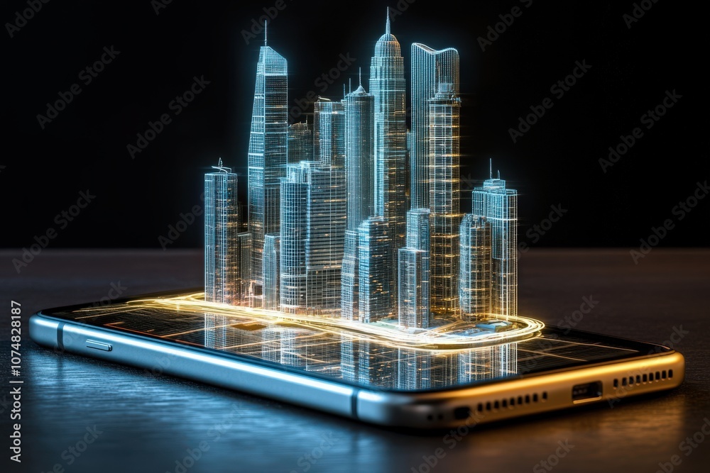 A modern smartphone sits alone on a dark surface, showcasing a vibrant, illuminated city skyline emerging from its screen. The glowing buildings create a mesmerizing urban landscape at night.