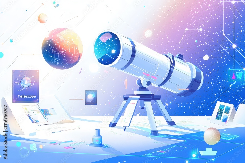 A modern telescope is positioned prominently in a vibrant workspace filled with celestial elements. Glowing planets and stars surround the setup, inviting exploration of the cosmos.