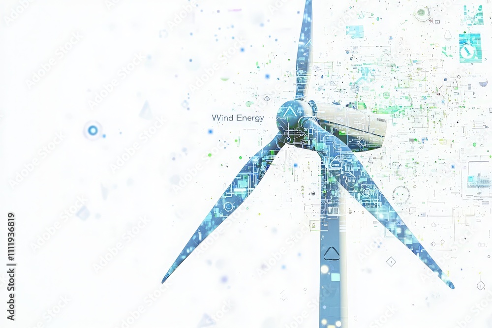 A modern wind turbine stands prominently, surrounded by abstract data visualization elements representing wind energy.