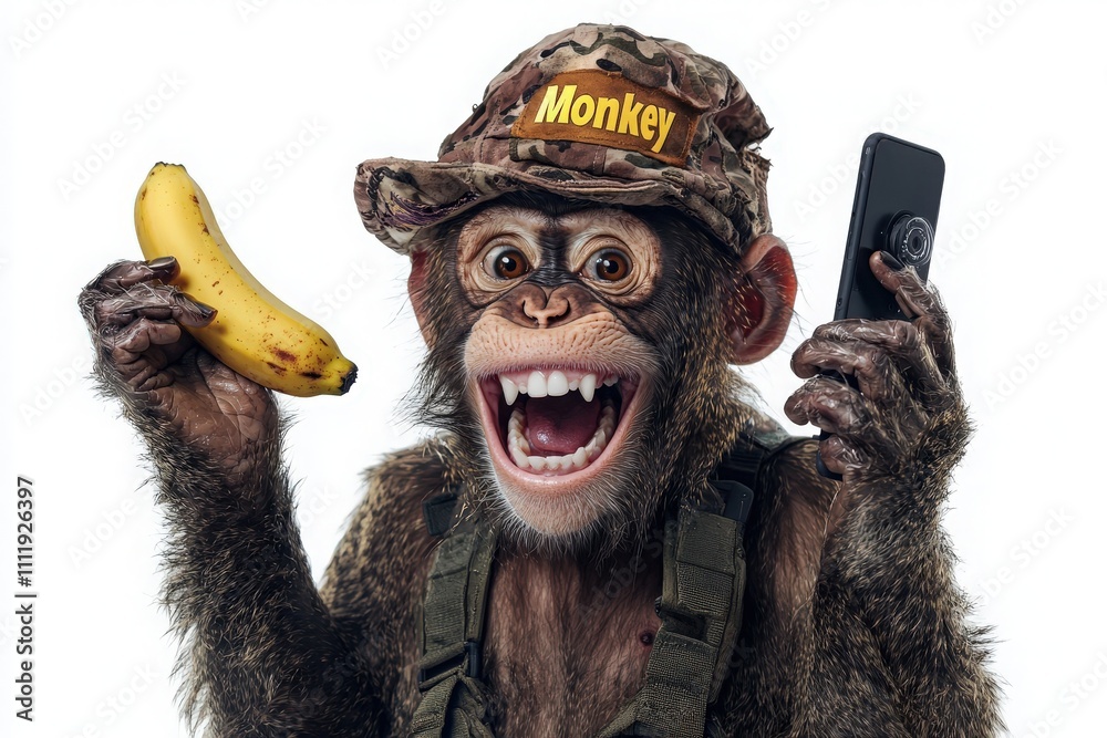 A monkey displays excitement while holding a banana in one hand and a smartphone in the other. It wears a camouflage hat, demonstrating a fun and humorous character.
