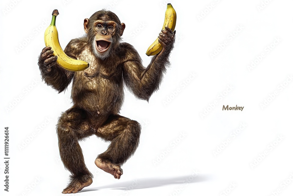 A monkey happily dances, holding a banana in each hand. The playful expression and energetic pose showcase its excitement, adding a sense of joy and movement to the moment.