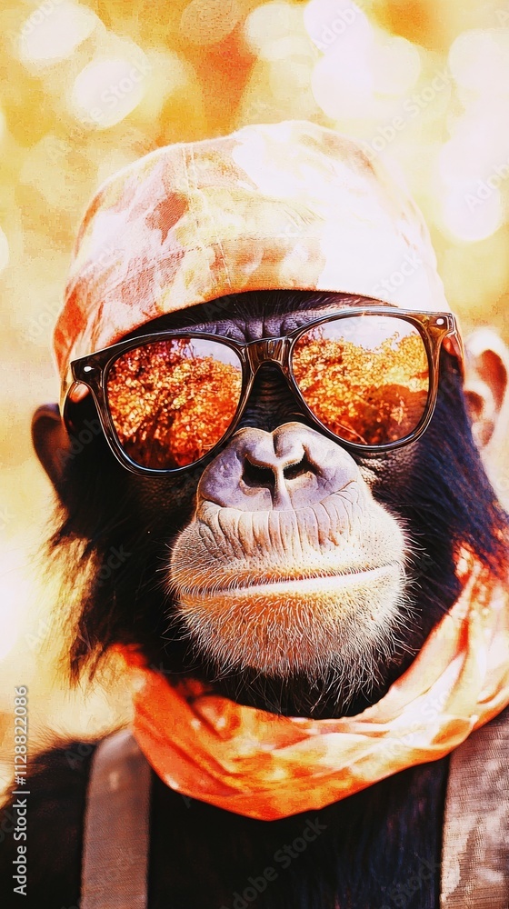 A monkey is dressed in a bandana and stylish sunglasses, showcasing a cool demeanor. The background features bright colors and blurred elements, giving a lively atmosphere to the setting.