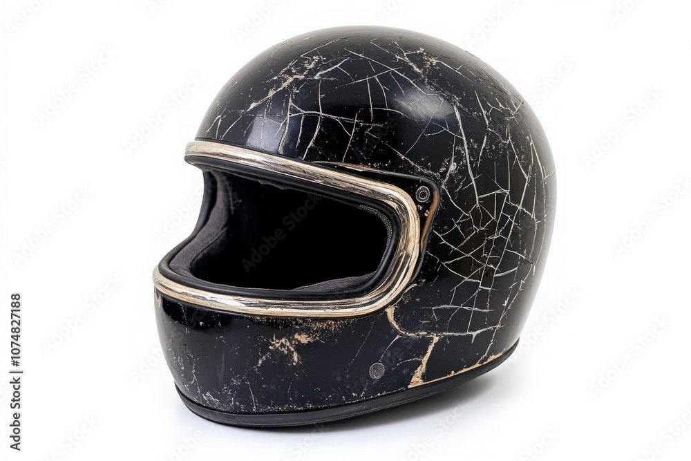A motorcycle helmet sits alone against a white background, showcasing a cracked exterior that reveals signs of wear and tear. The damaged helmet emphasizes safety concerns in riding.