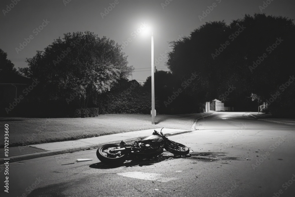 A motorcycle is lying on its side in the middle of a dark street, illuminated by a nearby streetlamp. The surroundings are quiet, adding to the somber atmosphere of the scene.
