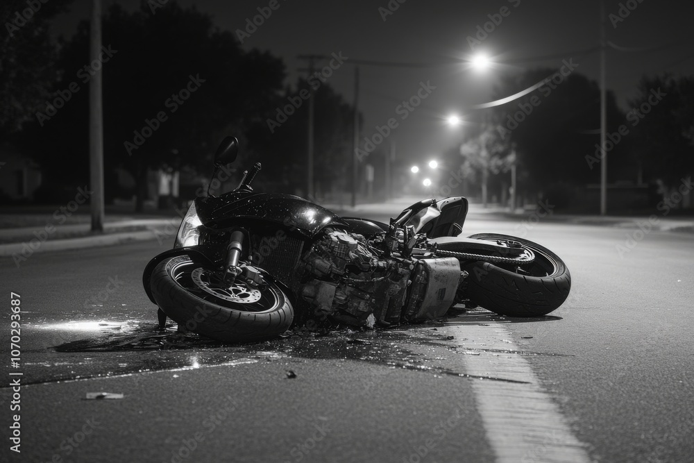 A motorcycle lies on its side in the middle of a quiet street at night. Streetlights illuminate the scene, reflecting off the bikes surface amid shattered glass and debris.