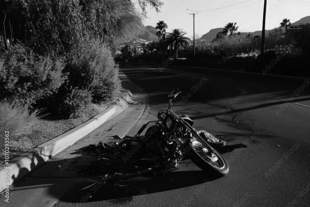 A motorcycle lies on its side on an empty street, surrounded by vegetation and palm trees under warm afternoon sunlight. Clear evidence of an accident is present, raising concern nearby.