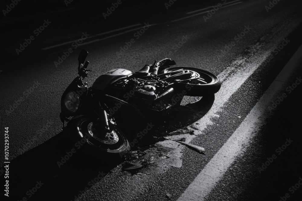 A motorcycle lies on its side on the edge of a dark highway, abandoned after an accident. The wet asphalt reflects faint light, emphasizing the scenes somber nature at night.