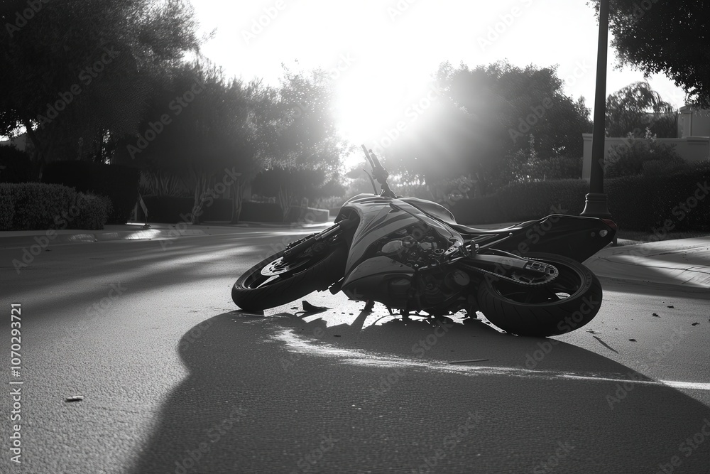 A motorcycle rests on its side on a deserted road as the sun sets behind trees. The scene suggests a recent accident, capturing the stillness of the moment and the aftermath.