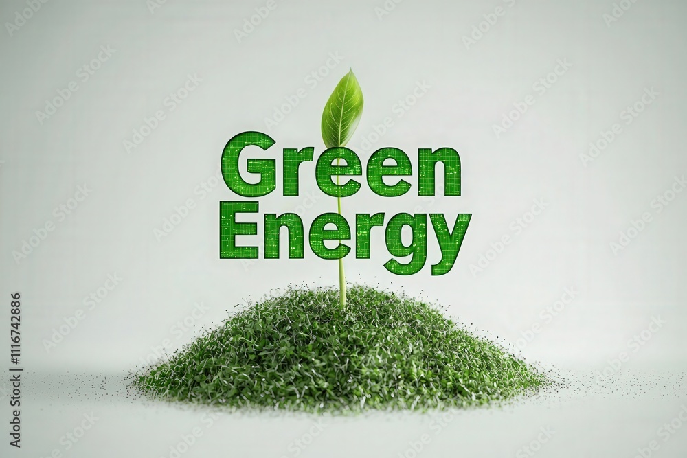 A mound of grass serves as a base for bold text indicating green energy, with a single leaf sprouting at the top. This represents a commitment to sustainable practices and environmental health.