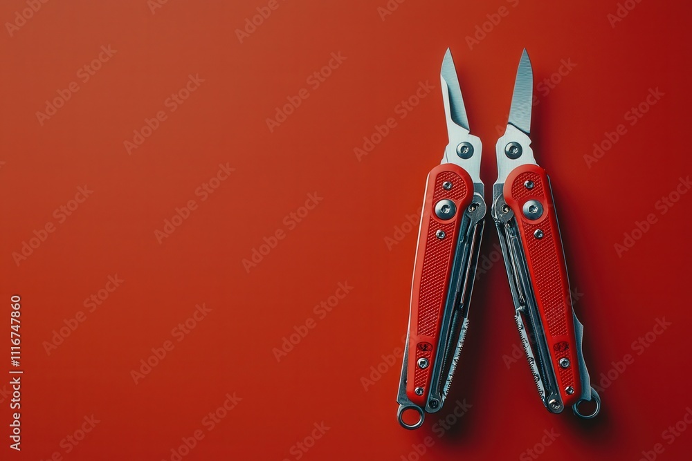 A multitool with red handles showcases its stainless steel blades and various tools. Placed on a solid red surface, it highlights versatility and practicality for outdoor activities or repairs.