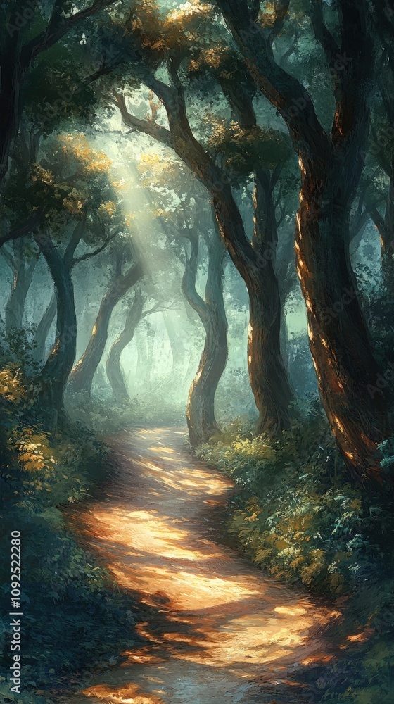 A narrow, winding path leads through a mystical forest, dappled with sunlight. Towering trees create a serene atmosphere as beams of light break through the lush canopy.