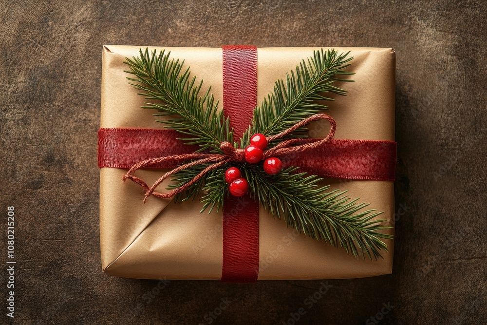A neatly wrapped gift sits atop a rustic wooden surface, adorned with natural pine branches and red berries. The earthy tones and festive elements create a charming holiday presentation.