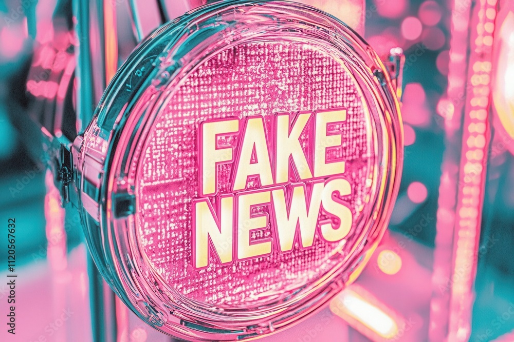A neon sign boldly states fake news against a colorful backdrop of blurred lights. This setting captures the chaotic energy often associated with misinformation in modern media.