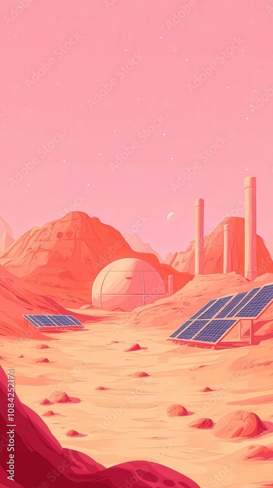 A newly established human settlement on Mars features futuristic domes surrounded by solar panels.