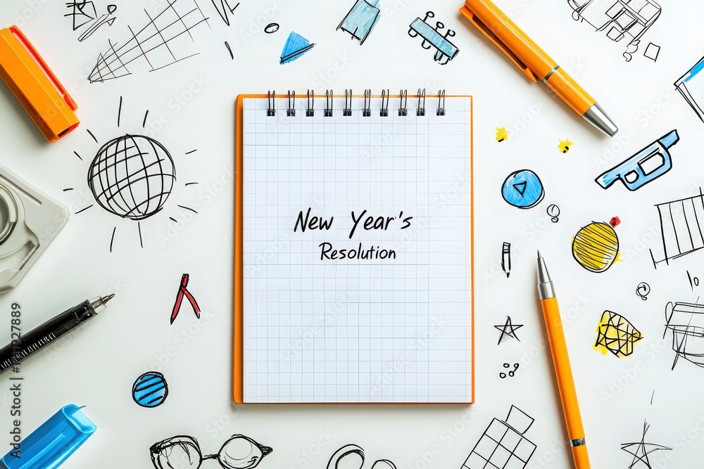 A notebook with New Years resolutions written on it is surrounded by colorful pens, sketches, and various stationery items. The workspace looks vibrant and inspiring for goal setting.