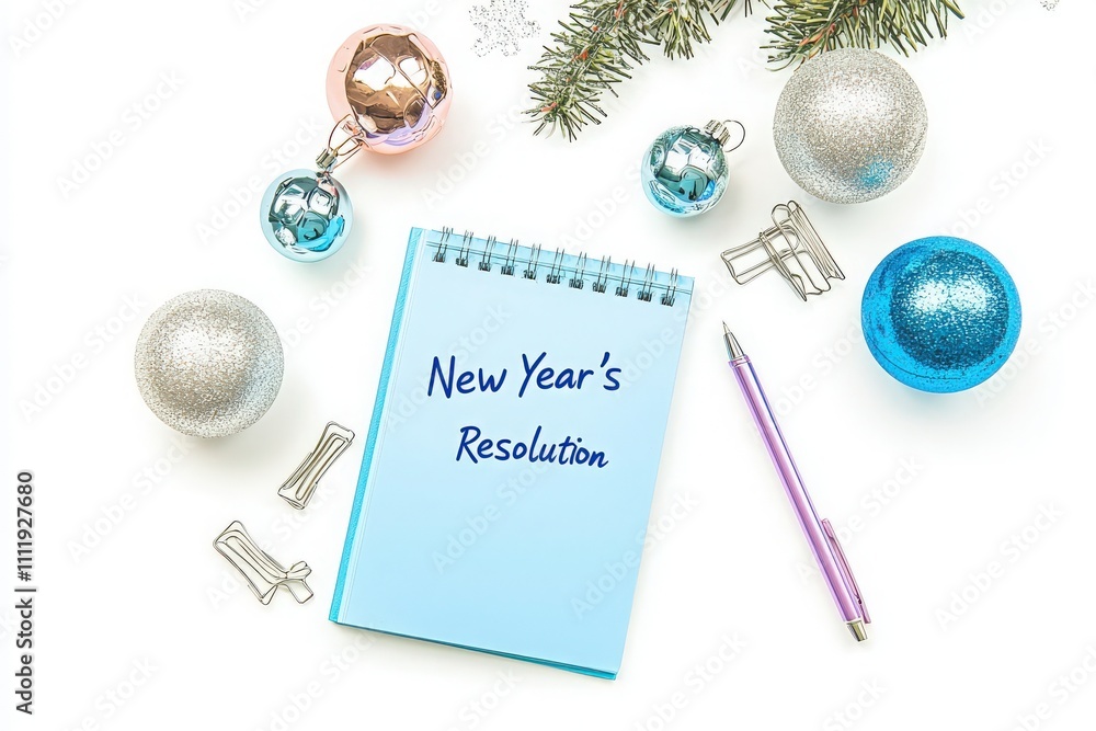 A notepad with the text New Years Resolution is placed on a table surrounded by colorful ornaments and stationery. The scene conveys a festive atmosphere as the new year approaches.