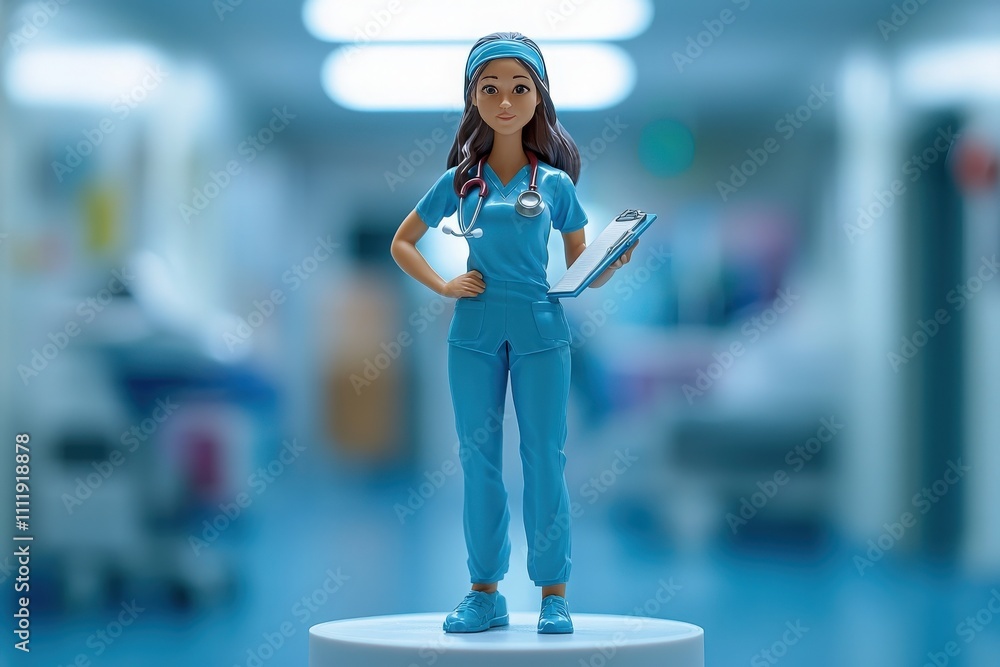 A nurse doll, dressed in blue scrubs with a stethoscope around her neck, poses confidently in a brightly lit hospital corridor. The background features blurred medical equipment.