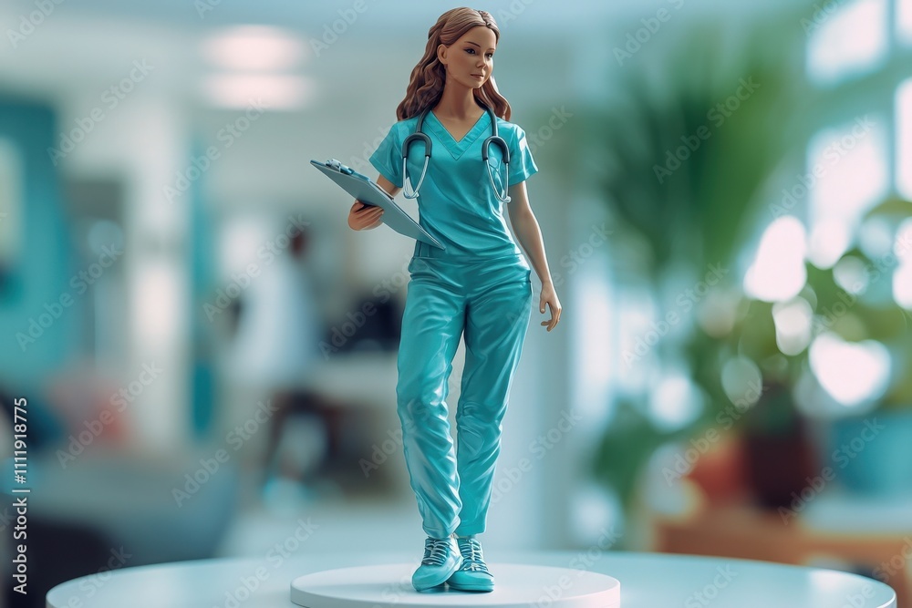 A nurse figurine dressed in scrubs and sneakers holds a clipboard, symbolizing healthcare professionalism. The setting is bright and casual, representative of a medical facility.