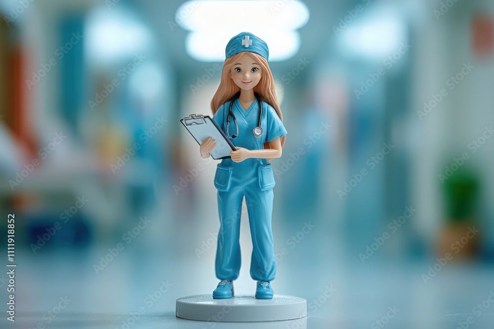 A nurse figurine in scrubs holds a clipboard and wears a stethoscope, showcasing confidence in a well-lit hospital corridor. The background is blurred, emphasizing the nurses role.
