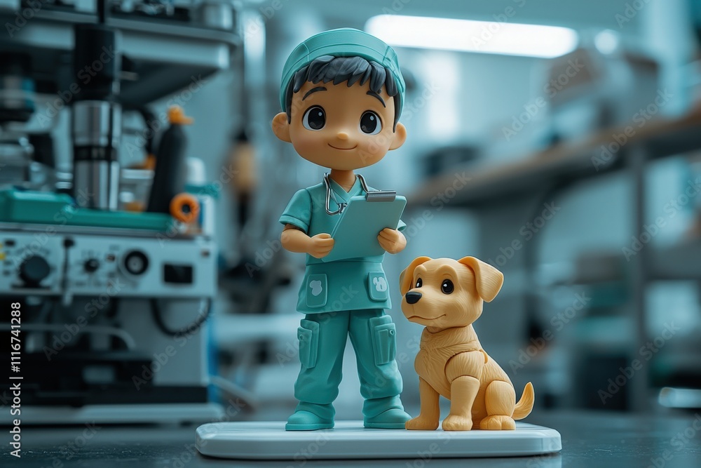 A nurse figurine in scrubs holds a clipboard beside a small dog in a clinical environment. The background features medical equipment, emphasizing a caring atmosphere.