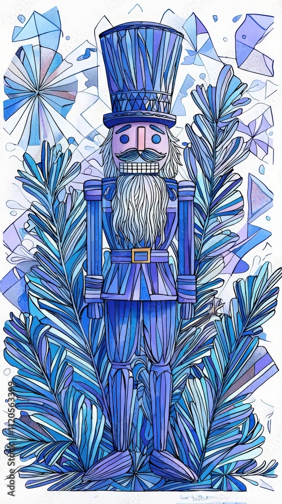 A nutcracker character, adorned in blue tones, stands amidst stylized blue leaves and geometric patterns. The winter scene features cool colors and a whimsical design, creating a festive atmosphere.
