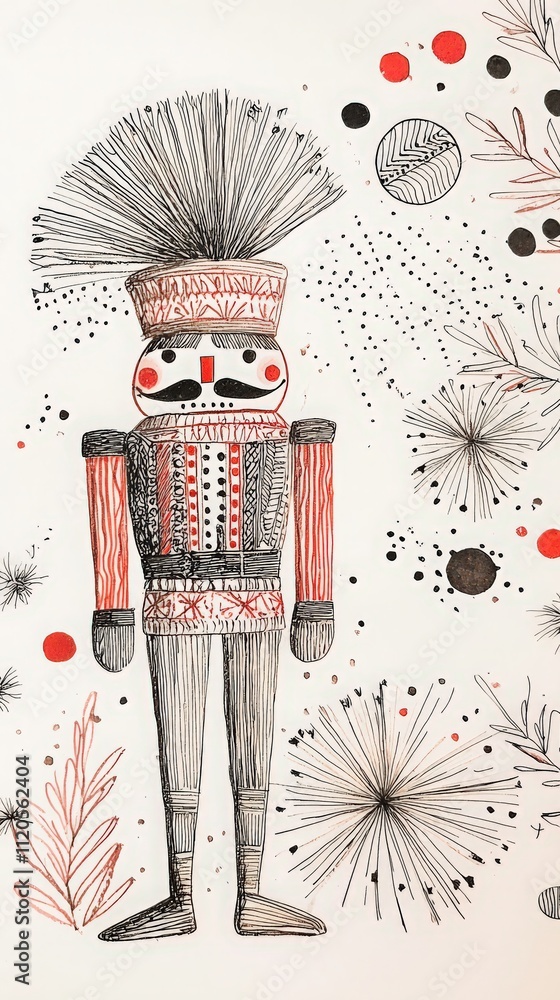 A nutcracker character stands confidently with vibrant decorations. Surrounding elements include abstract patterns, dots, and lines, creating a festive atmosphere perfect for holiday celebrations.