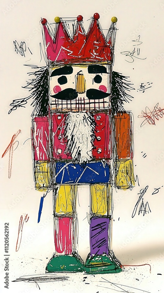 A nutcracker figure is illustrated in bright colors, featuring exaggerated facial features and a playful crown.